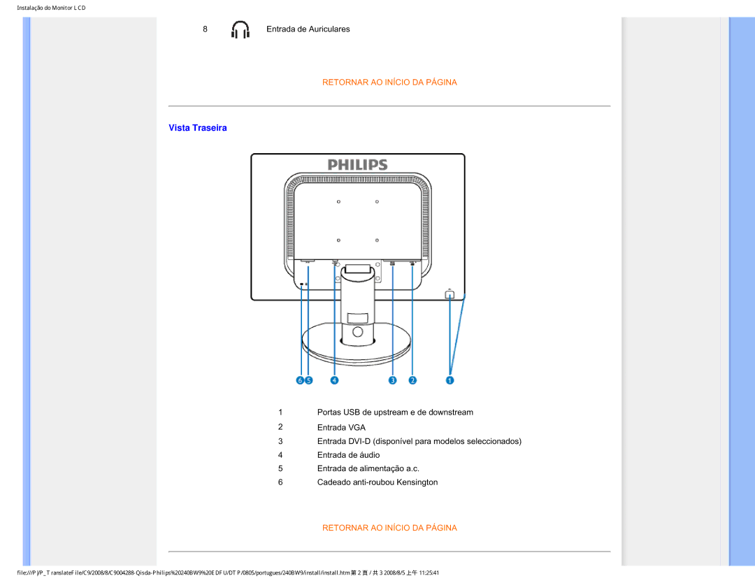 Philips 240BW9 user manual Vista Traseira 