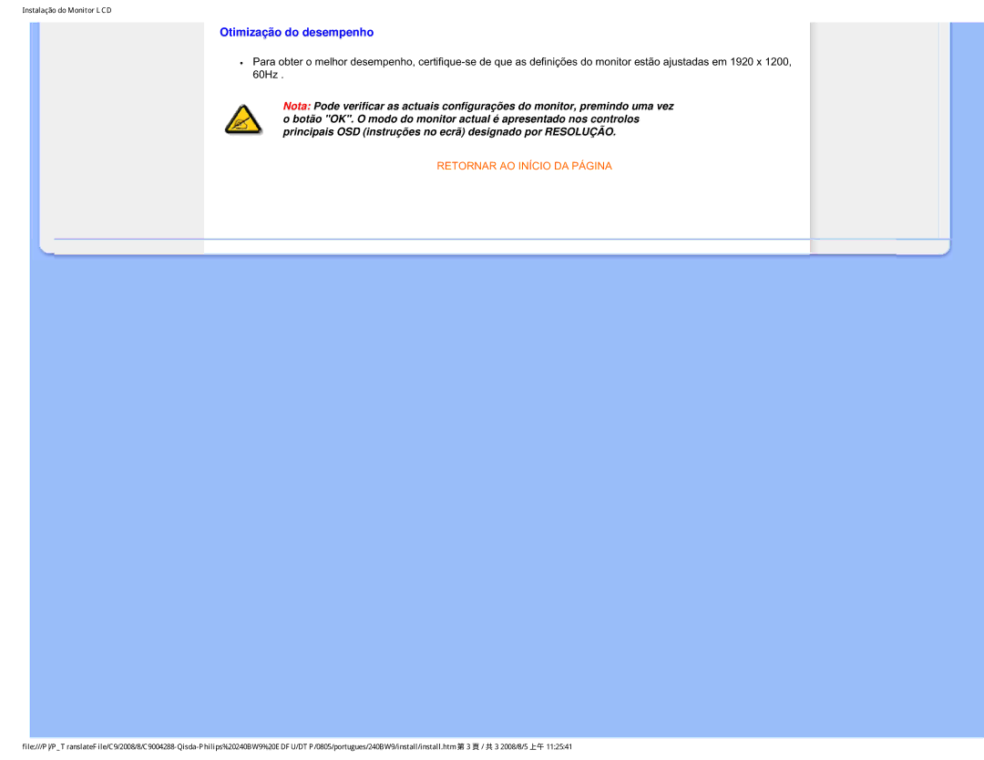 Philips 240BW9 user manual Otimização do desempenho 