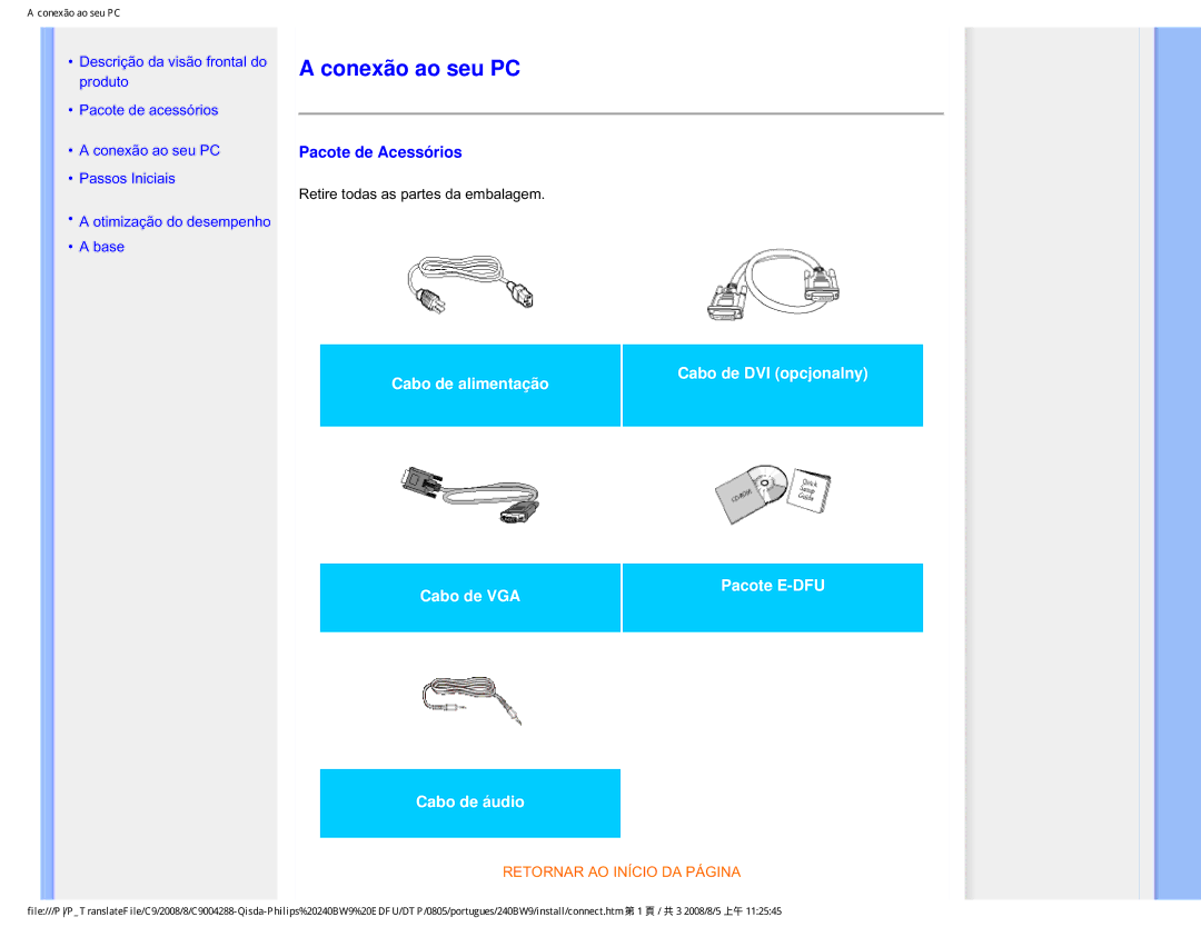 Philips 240BW9 user manual Conexão ao seu PC, Pacote de Acessórios 