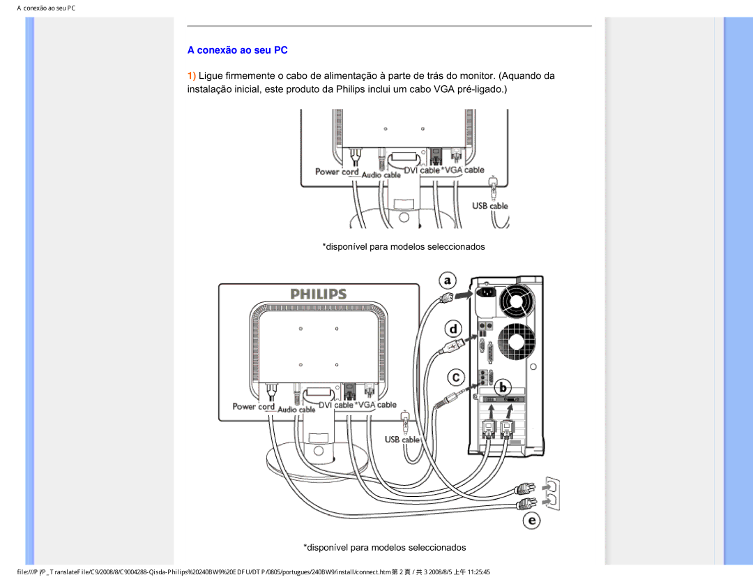 Philips 240BW9 user manual Conexão ao seu PC, Disponível para modelos seleccionados 