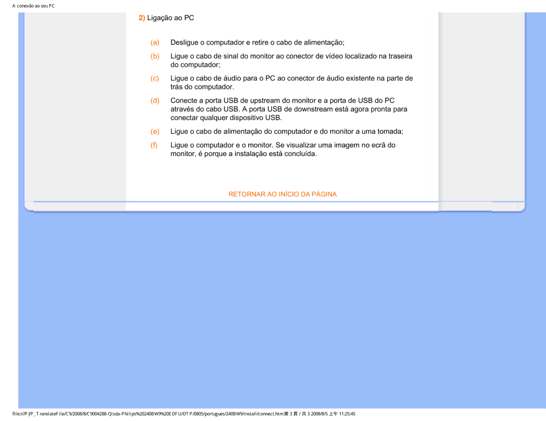 Philips 240BW9 user manual Retornar AO Início DA Página 