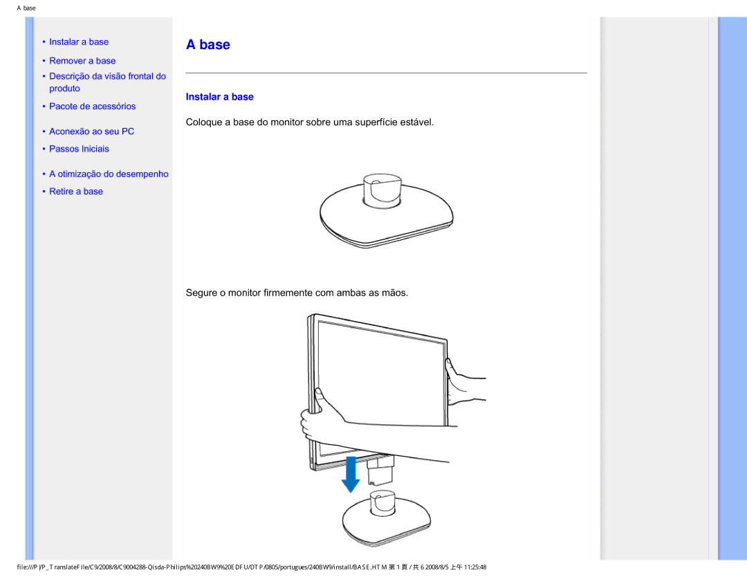 Philips 240BW9 user manual Base, Instalar a base 