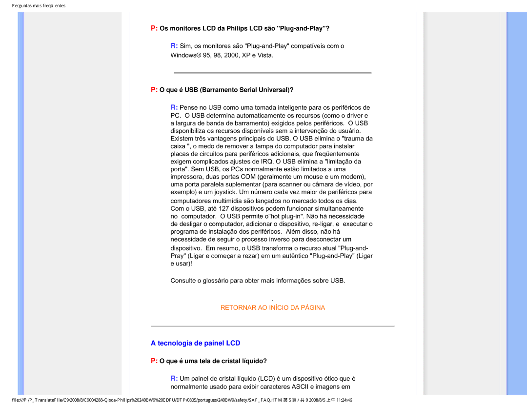 Philips 240BW9 user manual Tecnologia de painel LCD, Que é USB Barramento Serial Universal? 
