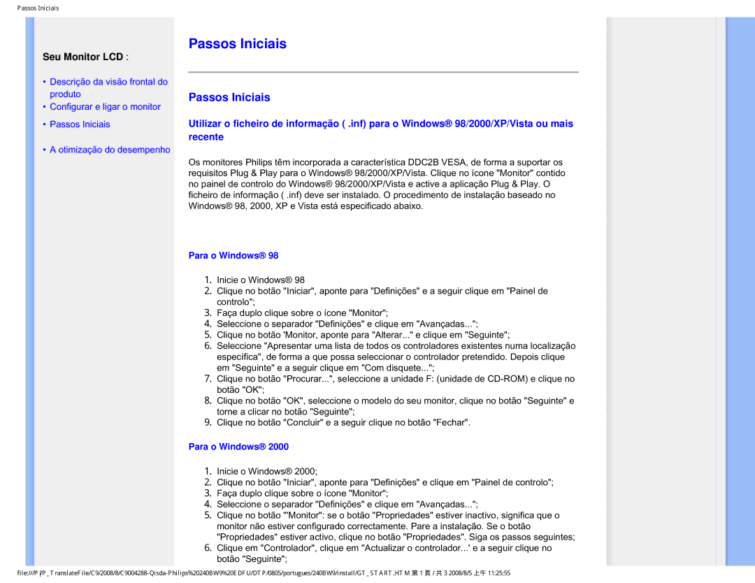 Philips 240BW9 user manual Passos Iniciais, Seu Monitor LCD 