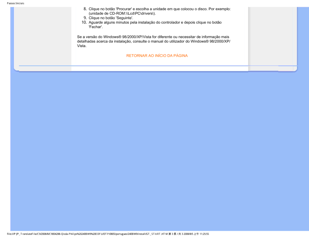 Philips 240BW9 user manual Retornar AO Início DA Página 