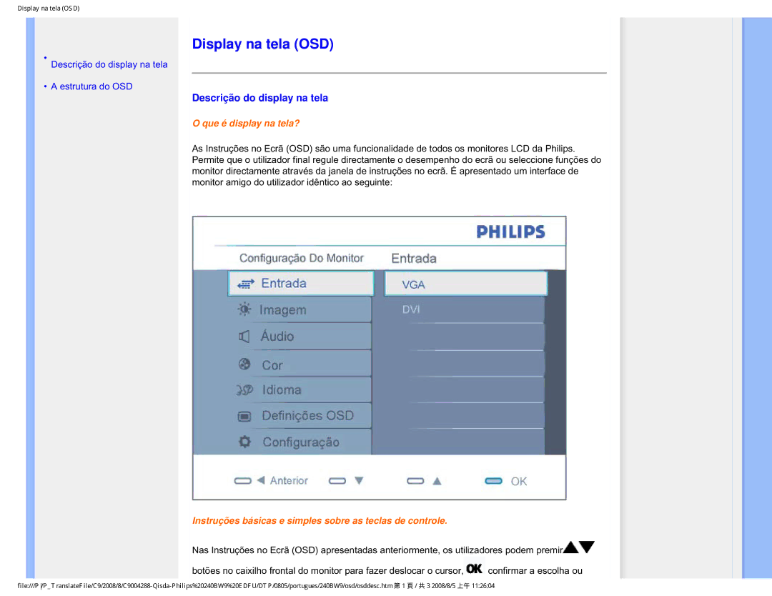 Philips 240BW9 user manual Display na tela OSD, Descrição do display na tela 