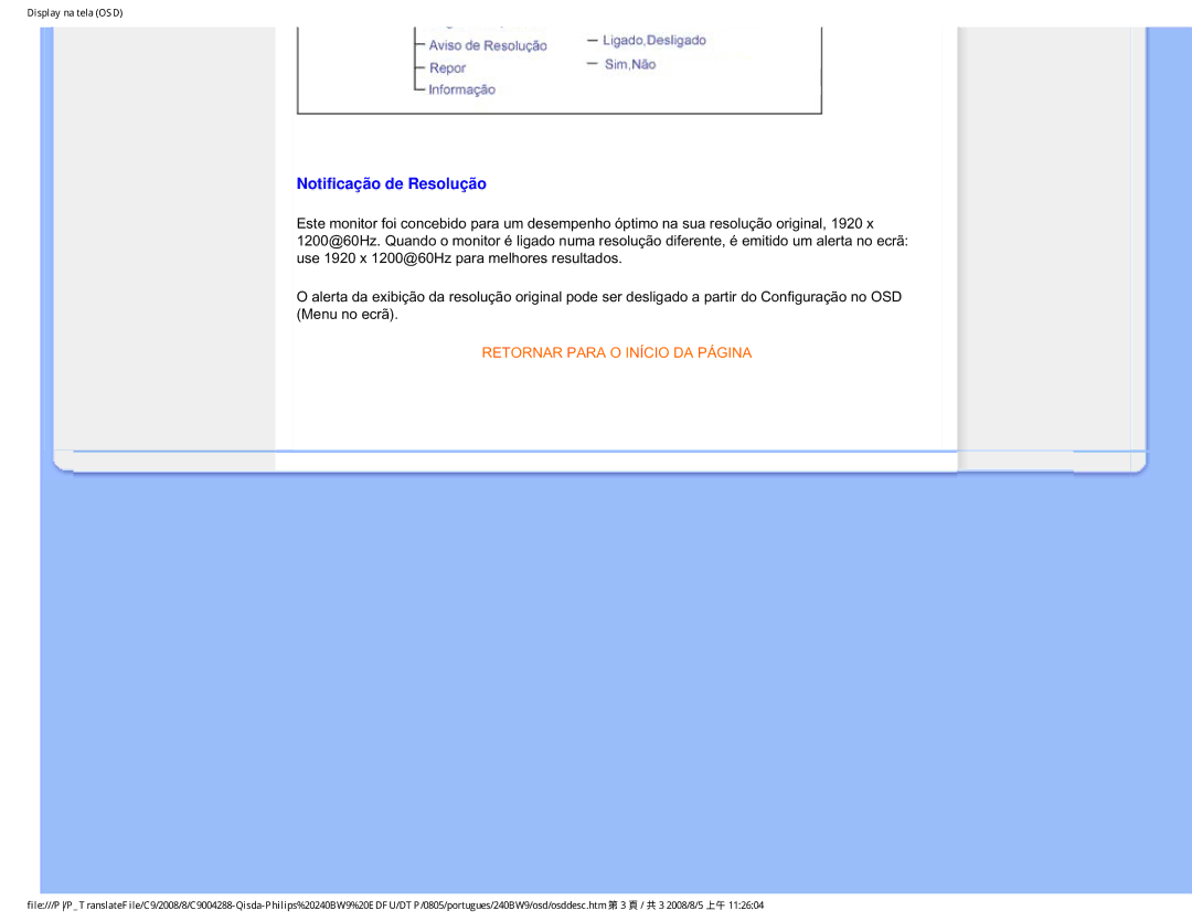Philips 240BW9 user manual Notificação de Resolução 