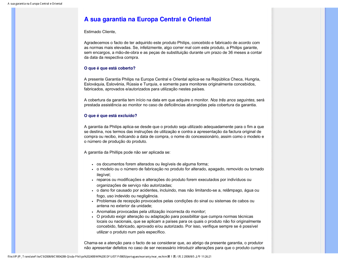 Philips 240BW9 user manual Sua garantia na Europa Central e Oriental 