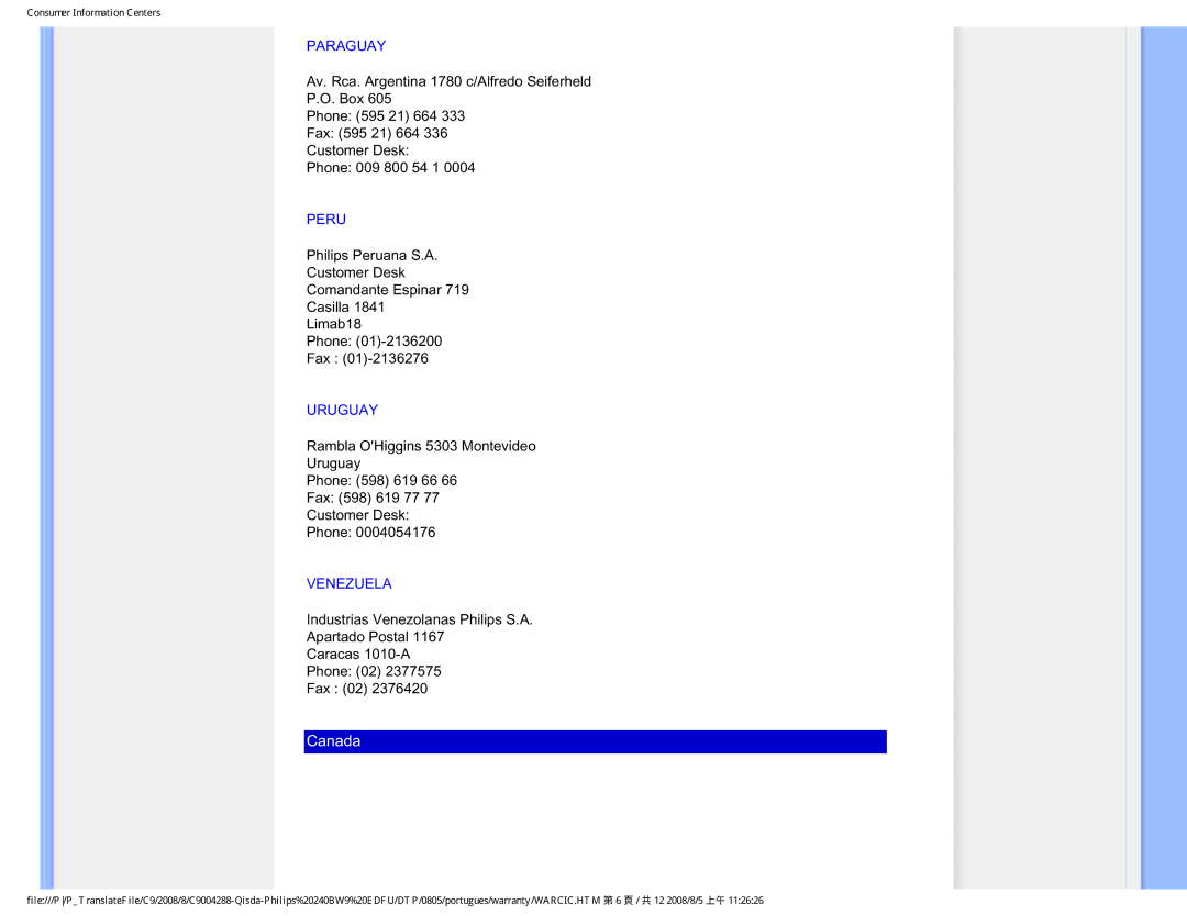 Philips 240BW9 user manual Paraguay, Peru, Uruguay, Venezuela 