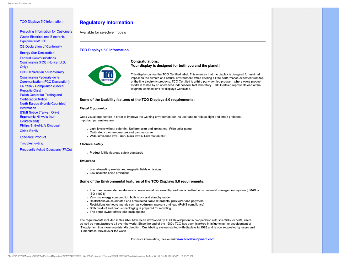 Philips 240P2 user manual Regulatory Information, TCO Displays 5.0 Information 