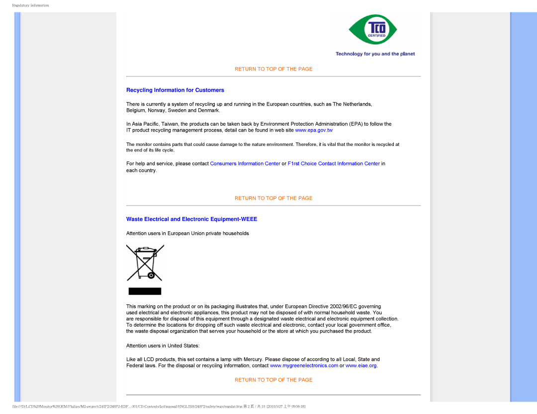 Philips 240P2 user manual Recycling Information for Customers, Waste Electrical and Electronic Equipment-WEEE 