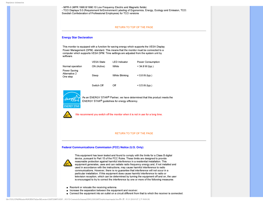 Philips 240P2 user manual Energy Star Declaration, Federal Communications Commission FCC Notice U.S. Only 