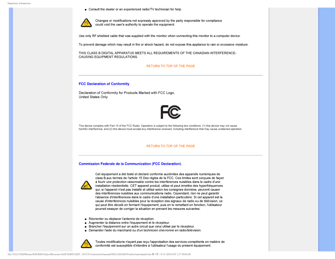 Philips 240P2 user manual FCC Declaration of Conformity, Commission Federale de la Communication FCC Declaration 