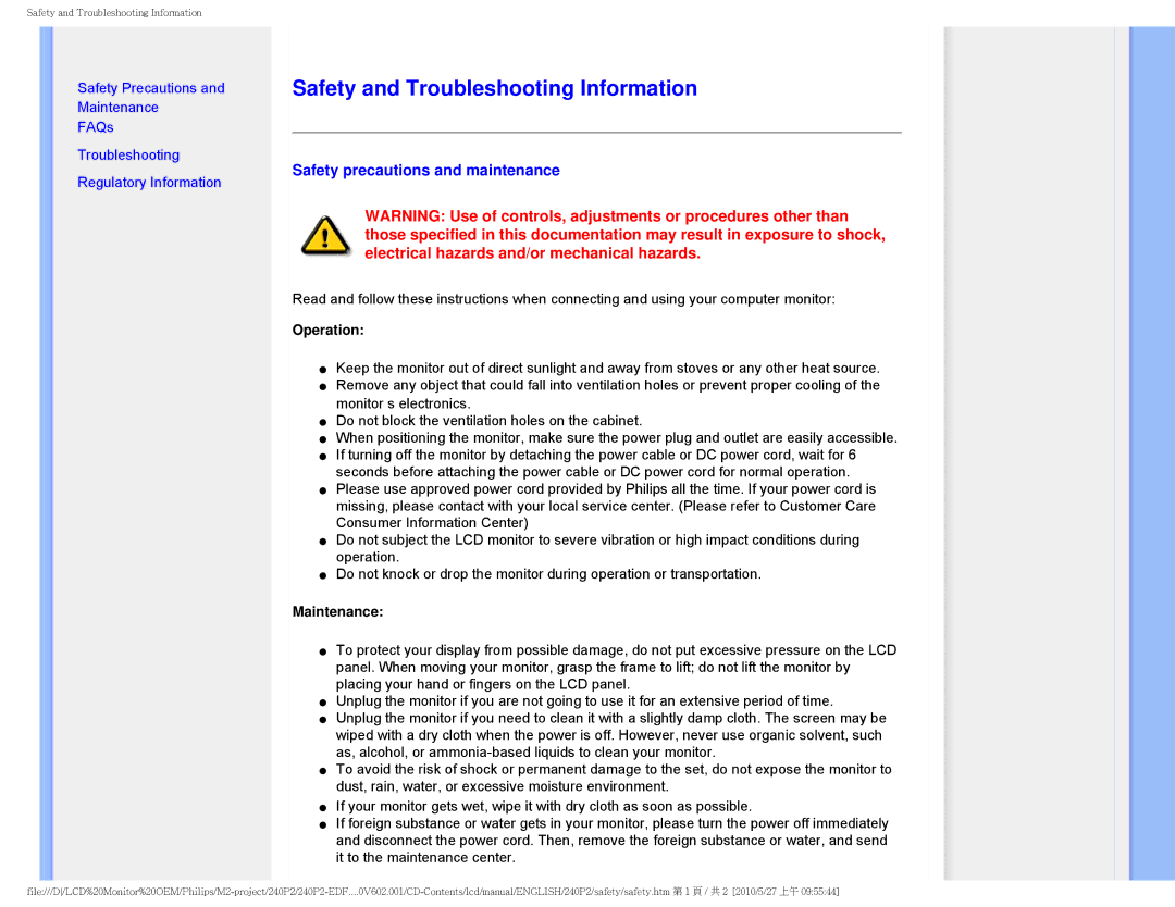 Philips 240P2 Safety and Troubleshooting Information, Safety precautions and maintenance, Operation, Maintenance 