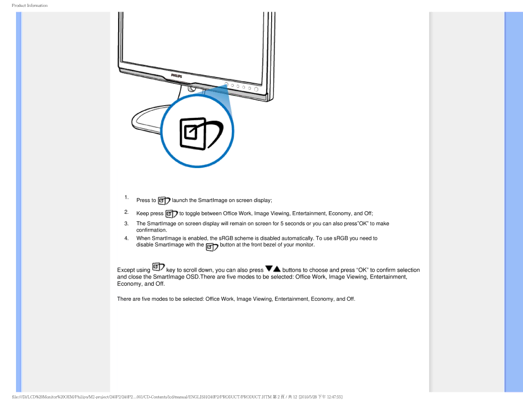 Philips 240P2 user manual Product Information 