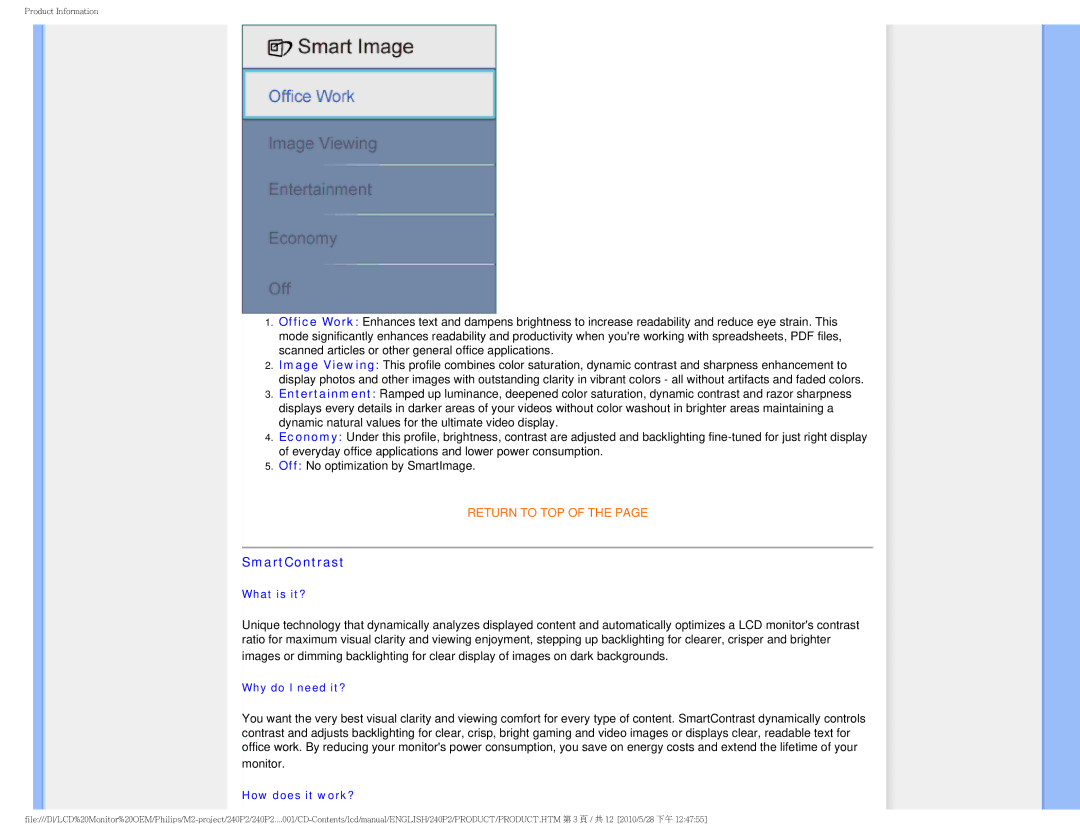 Philips 240P2 user manual SmartContrast, What is it?, Why do I need it?, How does it work? 