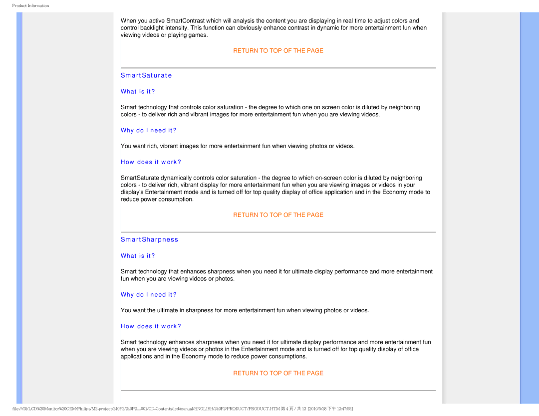 Philips 240P2 user manual SmartSaturate, SmartSharpness 