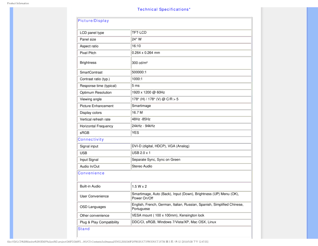 Philips 240P2 user manual Picture/Display, Technical Specifications 