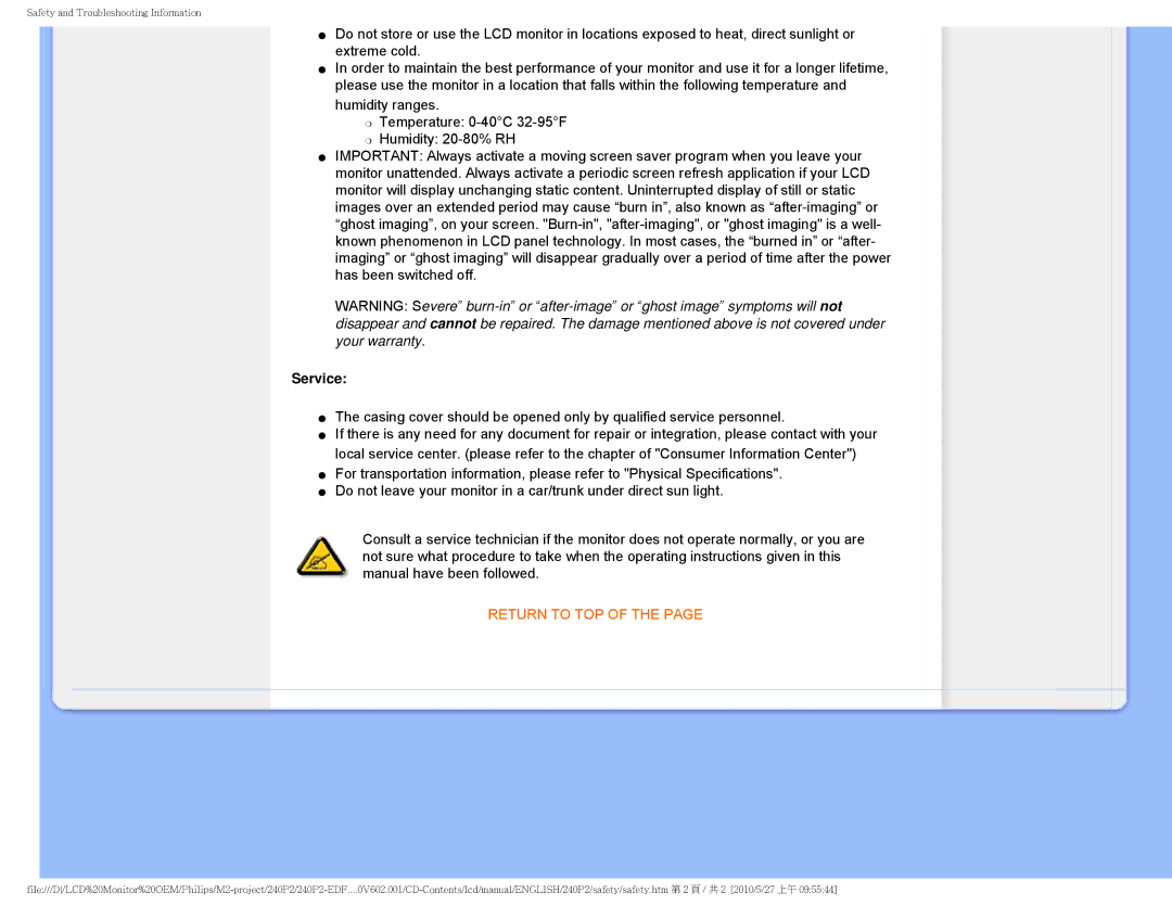 Philips 240P2 user manual Service, Return to TOP 
