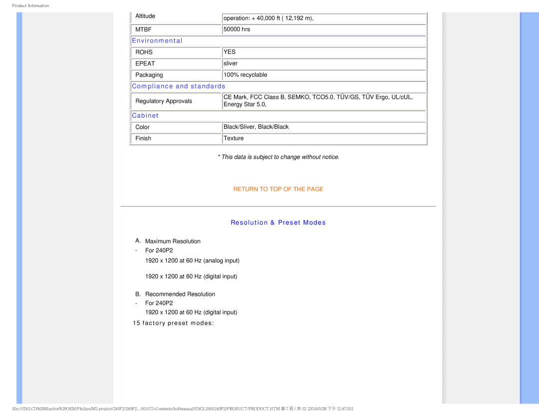 Philips 240P2 user manual Compliance and standards, Resolution & Preset Modes 