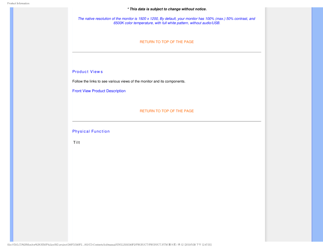 Philips 240P2 user manual Product Views, Physical Function, Tilt 