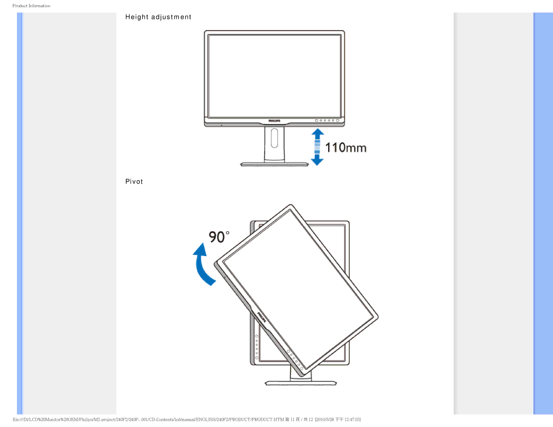 Philips 240P2 user manual Height adjustment Pivot 