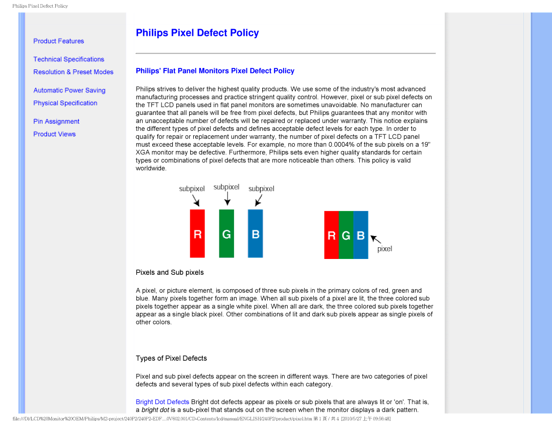 Philips 240P2 user manual Philips Pixel Defect Policy, Philips Flat Panel Monitors Pixel Defect Policy 