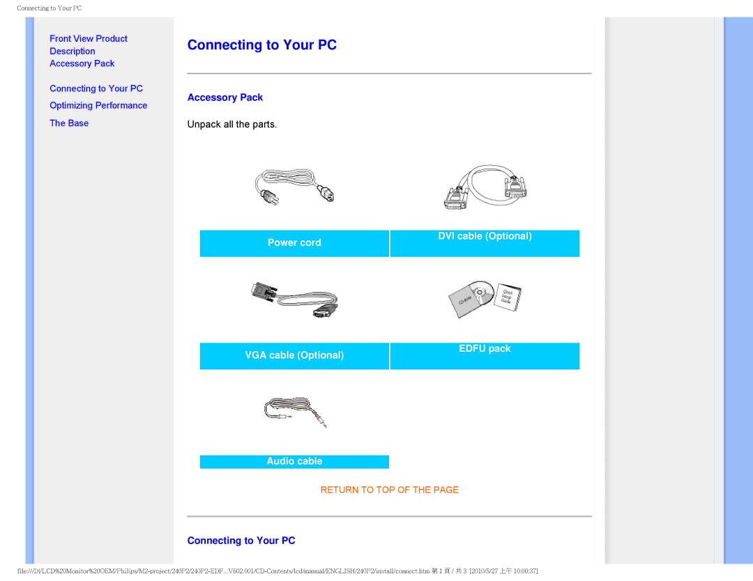 Philips 240P2 user manual Connecting to Your PC, Accessory Pack 