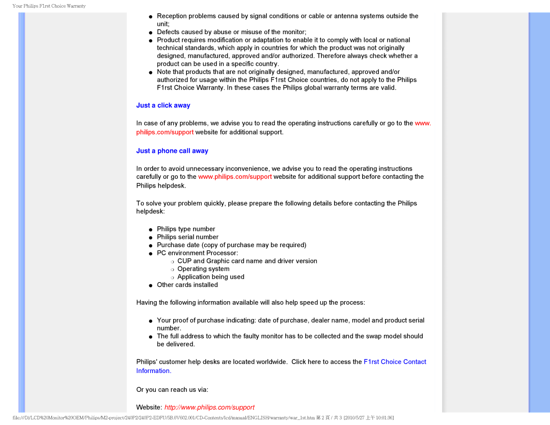 Philips 240P2 user manual Just a click away Just a phone call away, Information 