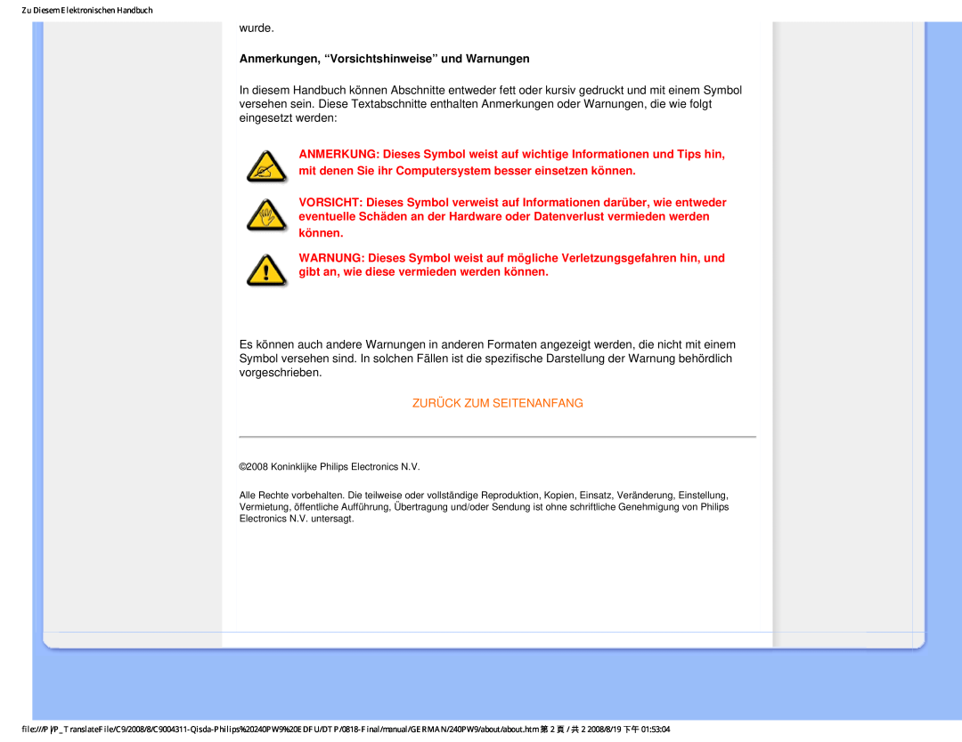 Philips 240PW9 user manual Anmerkungen, “Vorsichtshinweise” und Warnungen, Zurück Zum Seitenanfang 