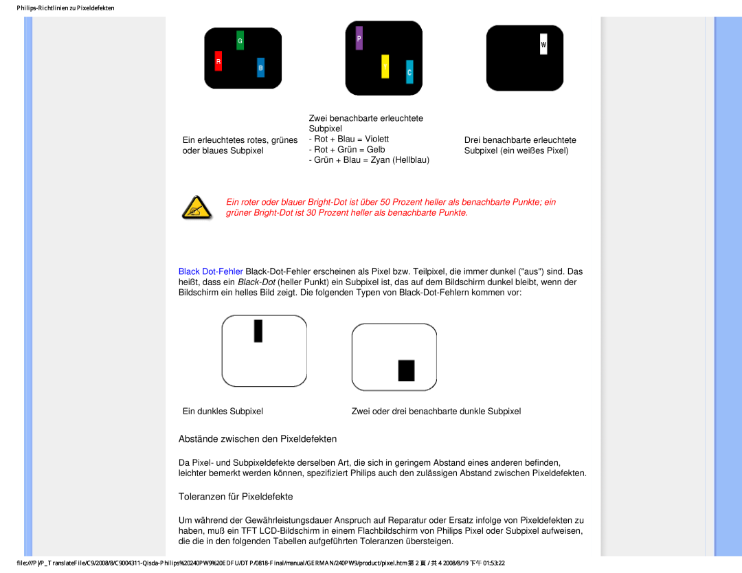 Philips 240PW9 user manual Abstände zwischen den Pixeldefekten, Toleranzen für Pixeldefekte 