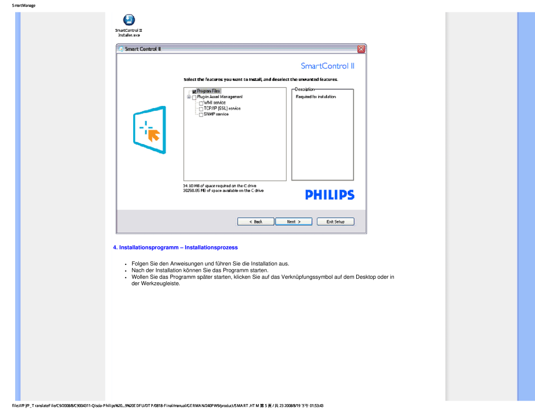Philips 240PW9 user manual Installationsprogramm - Installationsprozess, SmartManage 