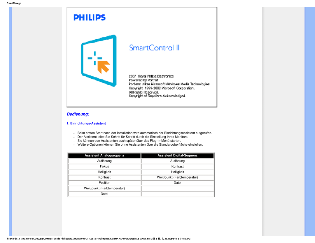 Philips 240PW9 user manual Bedienung, Einrichtungs-Assistent 