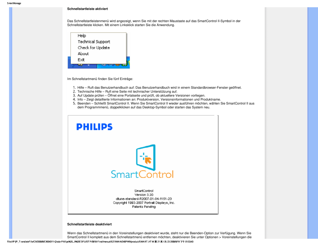 Philips 240PW9 user manual Schnellstartleiste aktiviert, Schnellstartleiste deaktiviert 