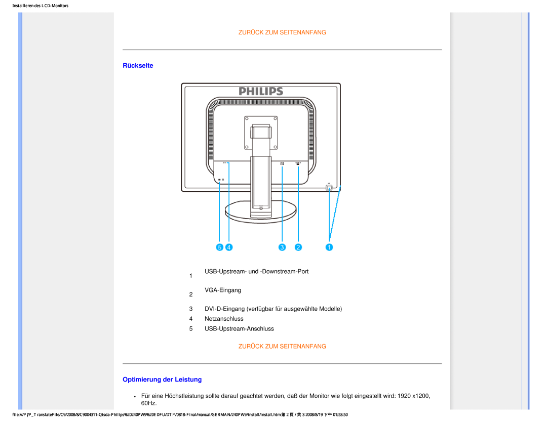 Philips 240PW9 user manual Zurück Zum Seitenanfang, Rückseite, Optimierung der Leistung 
