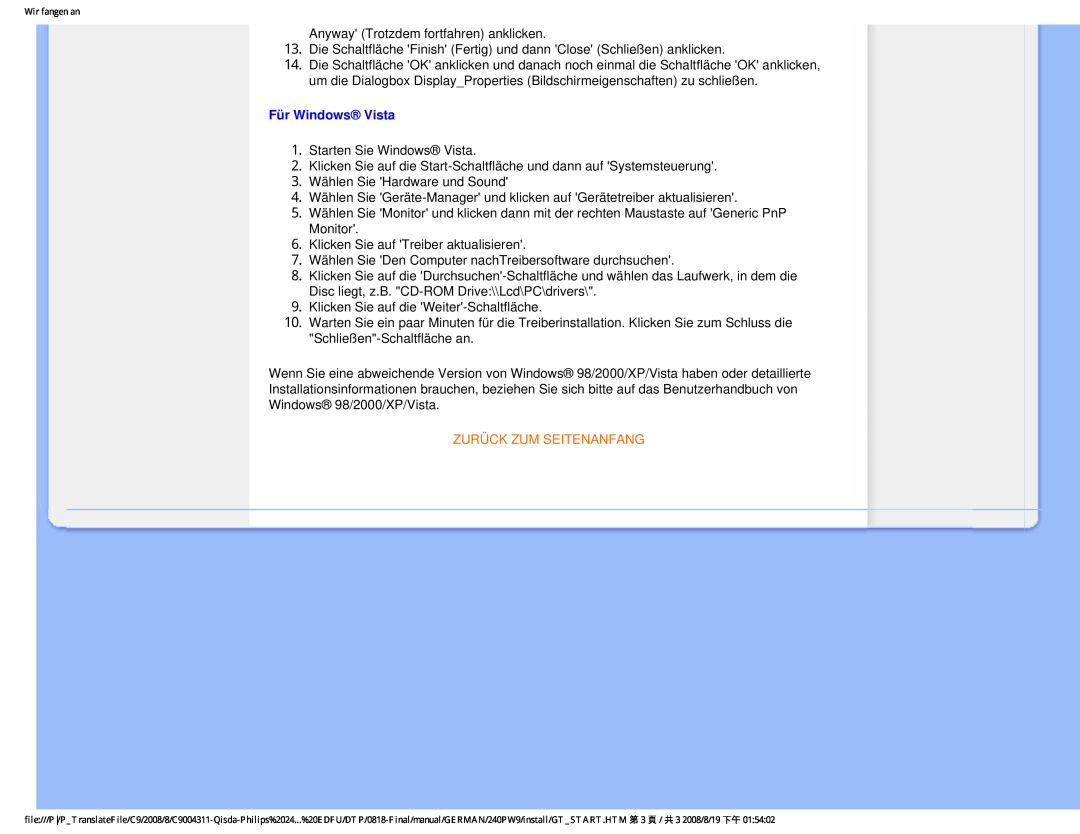 Philips 240PW9 user manual Für Windows Vista, Zurück Zum Seitenanfang 