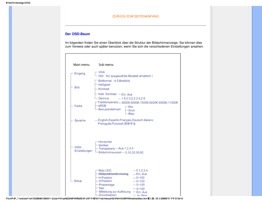 Philips 240PW9 user manual Der OSD-Baum, Zurück Zum Seitenanfang, Bildschirmanzeige OSD 