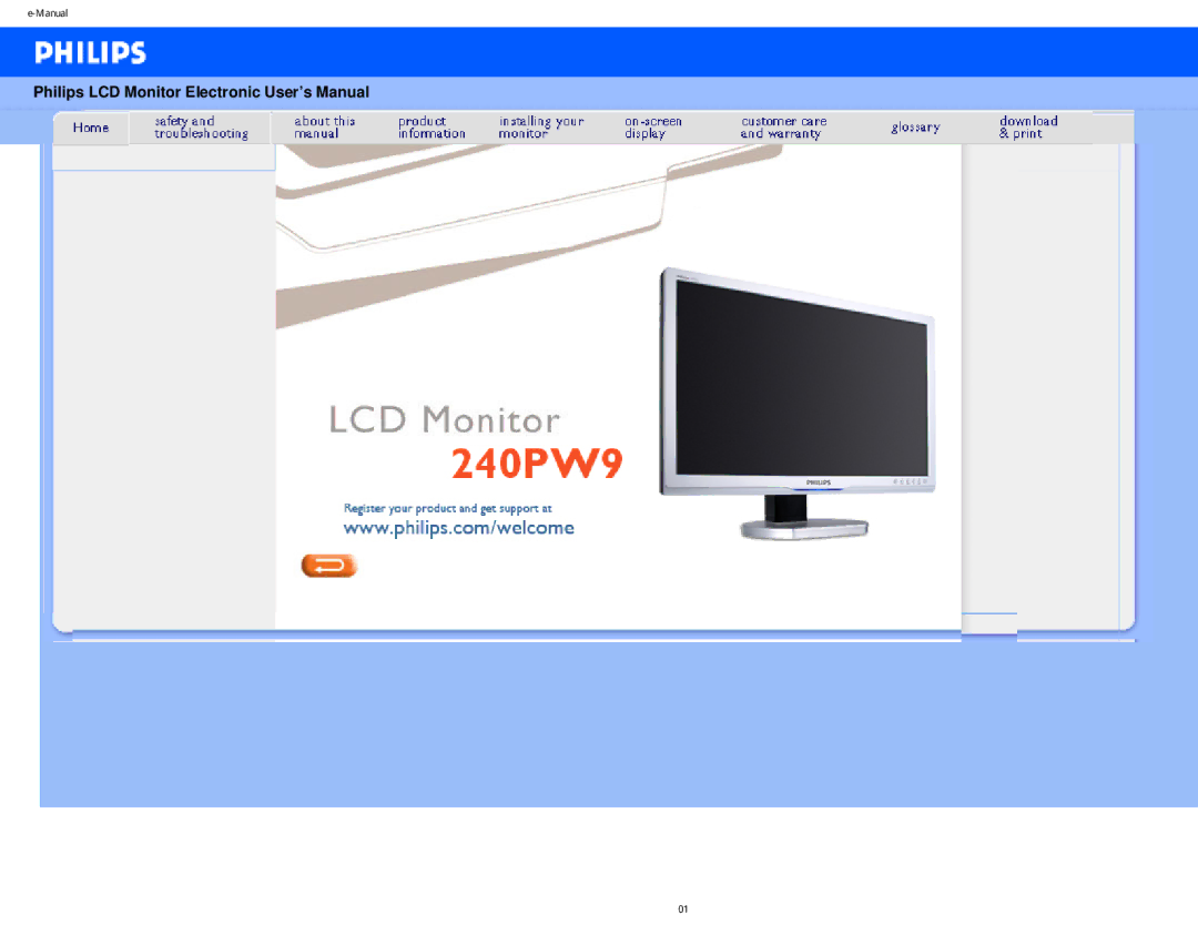 Philips 240PW9 user manual Philips LCD Monitor Electronic User’s Manual 