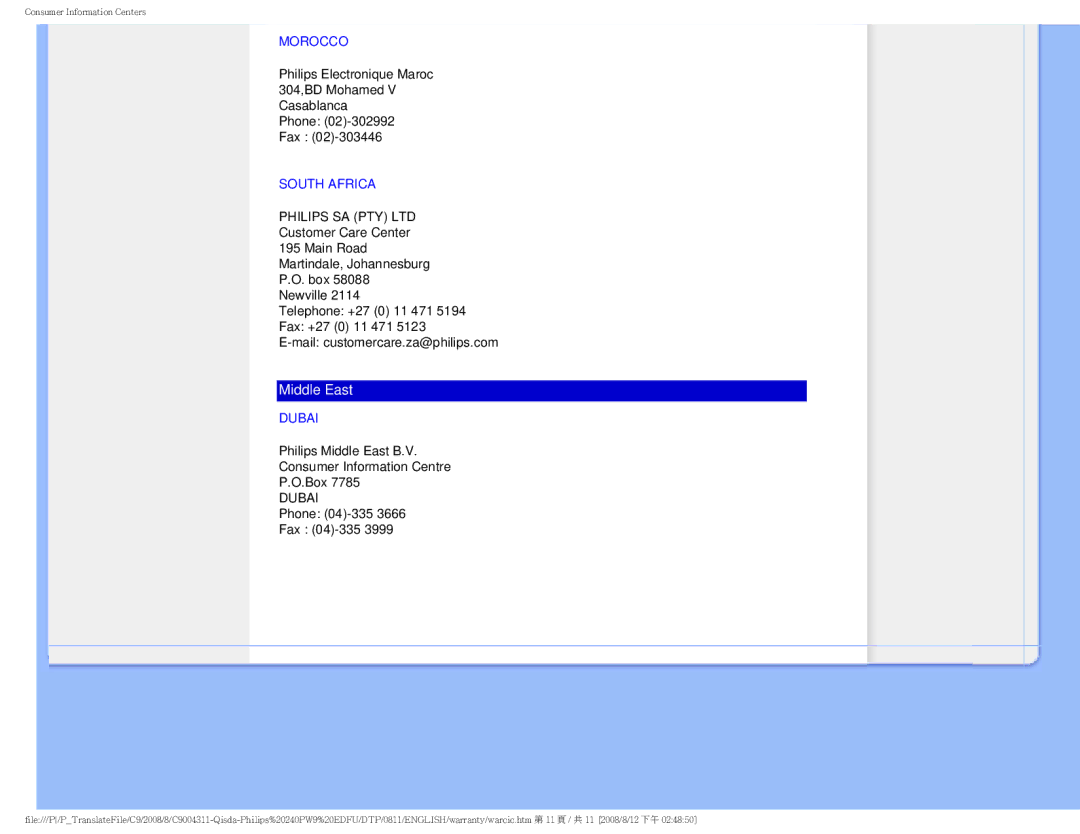 Philips 240PW9 user manual Morocco, South Africa, Dubai 