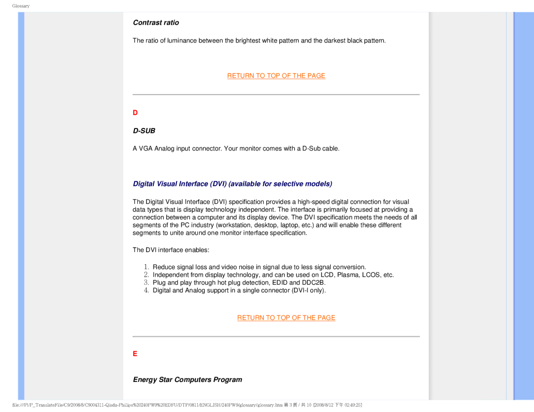 Philips 240PW9 user manual Contrast ratio, Energy Star Computers Program 