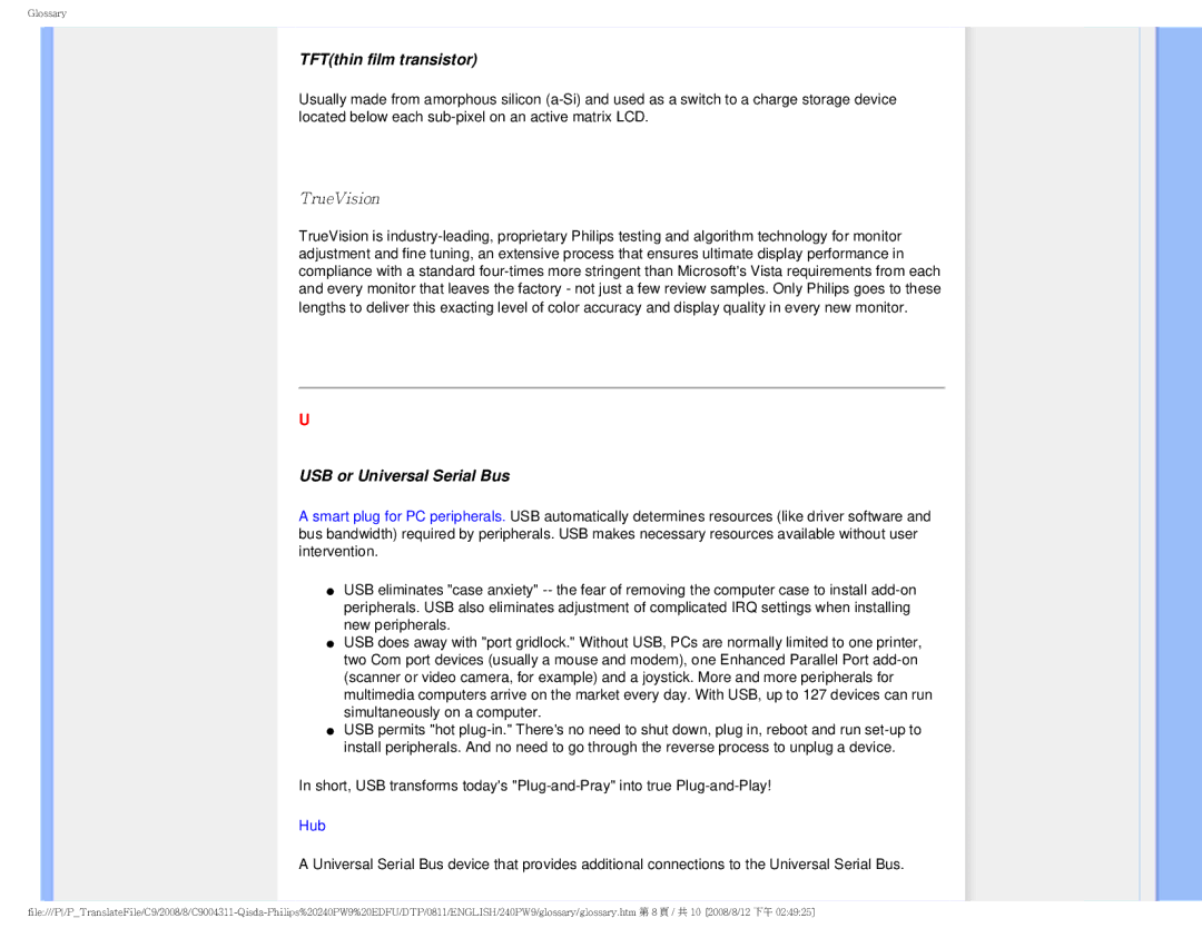 Philips 240PW9 user manual TFTthin film transistor, USB or Universal Serial Bus 