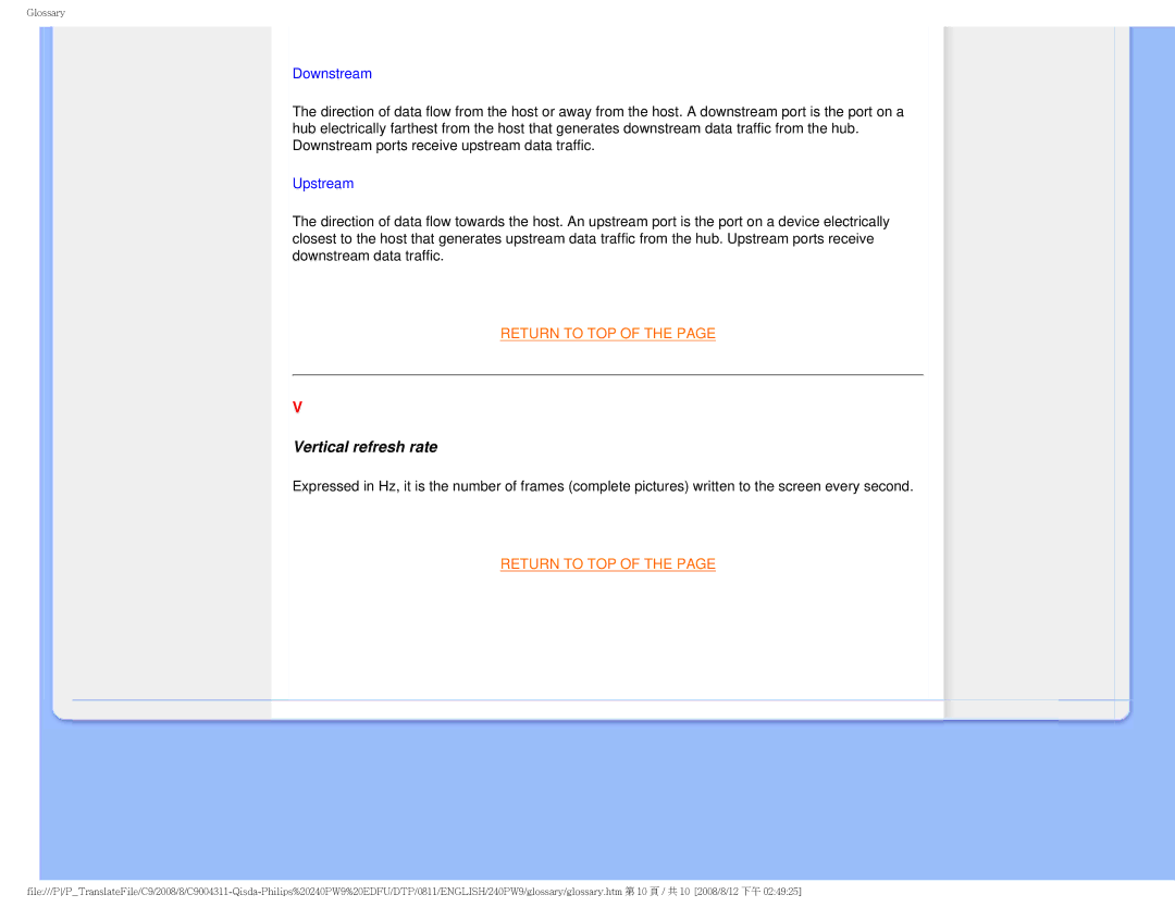 Philips 240PW9 user manual Vertical refresh rate, Downstream 