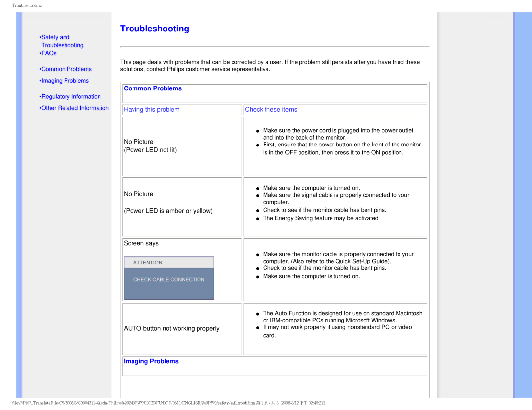 Philips 240PW9 user manual Troubleshooting 