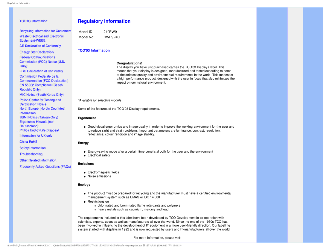 Philips 240PW9 user manual Regulatory Information, TCO03 Information 