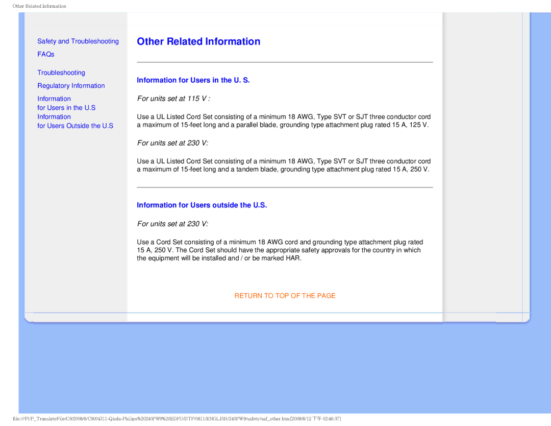 Philips 240PW9 Other Related Information, Information for Users in the U. S, Information for Users outside the U.S 