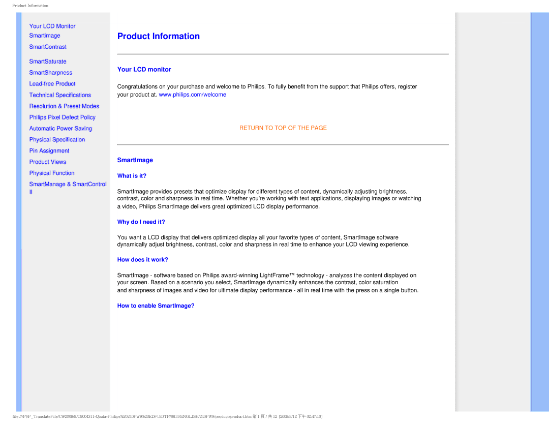 Philips 240PW9 user manual Your LCD monitor, SmartImage 