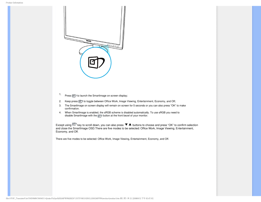 Philips 240PW9 user manual Product Information 