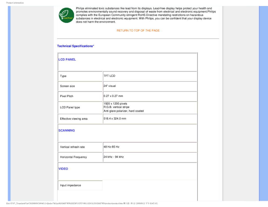 Philips 240PW9 user manual Technical Specifications, LCD Panel 