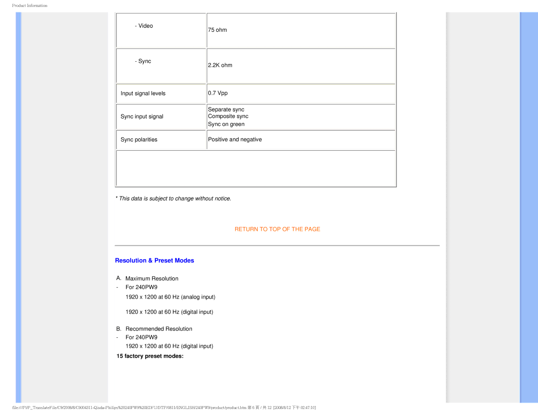 Philips 240PW9 user manual Resolution & Preset Modes, Factory preset modes 