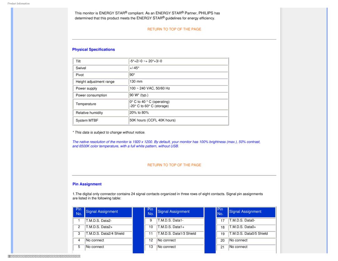 Philips 240PW9 user manual Physical Specifications, Pin Assignment 